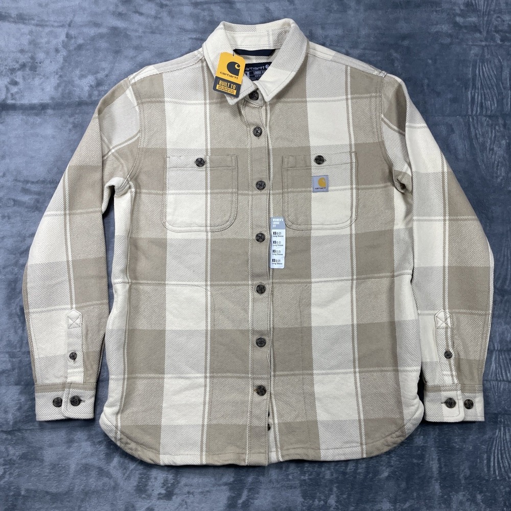 Carhartt Women's Loose Twill Shirt Jacket Shacket Beige Plaid Size XS Cotton NEW - Picture 1 of 6
